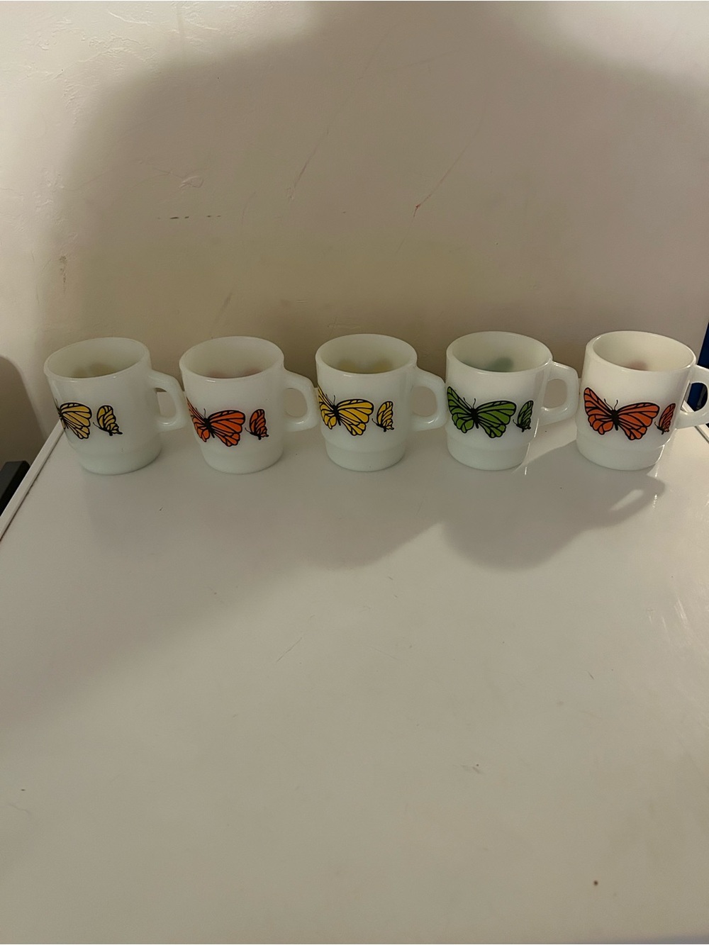 Vintage Anchor Hocking Fire King Butterfly Mug Set of 5 Orange Yellow Green